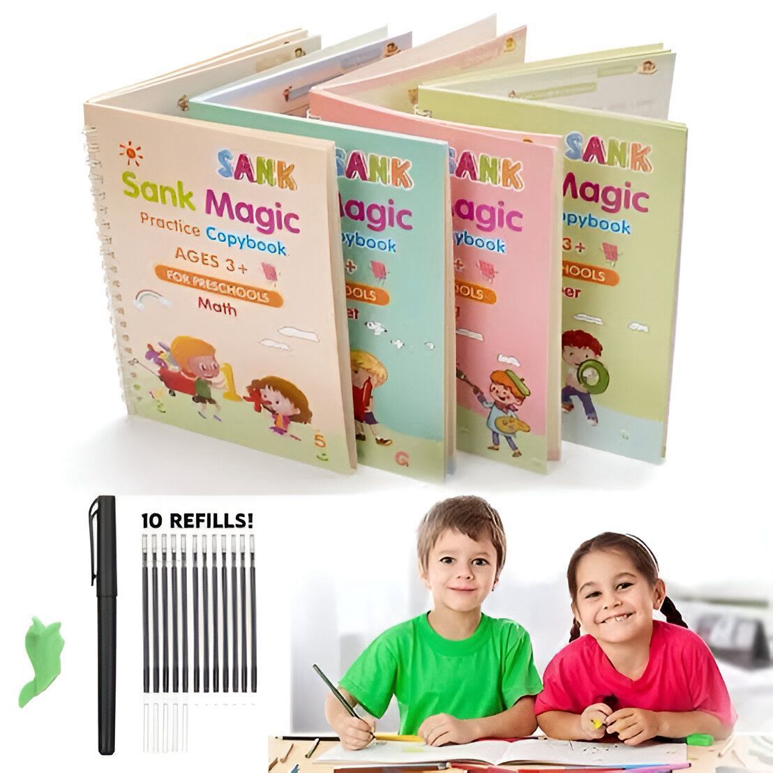 Sank Magic book Practice | Sank Magic Book for Montessori Children Tracing Handwriting First Pre-school Baby Learning Books for Kids (4 Books + Magic Pen with 10 Ink Refills)