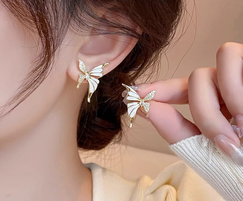 Luxury Niche Elegant Dual Tone Zircon Butterfly Stud Earrings for Women Fashion | Luxury Look Artificial Earrings | Women Earrings (Silver & Golden)