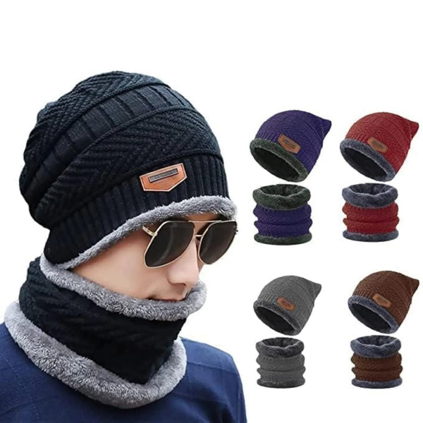 Winter Cap Set Caps with Fur Lining, Beanie Cap & Muffler for Men & Women| Beanie Cap| Woolen Topaa| Winter Cap| Head & Neck Warmer| Black Color| 1 Set|