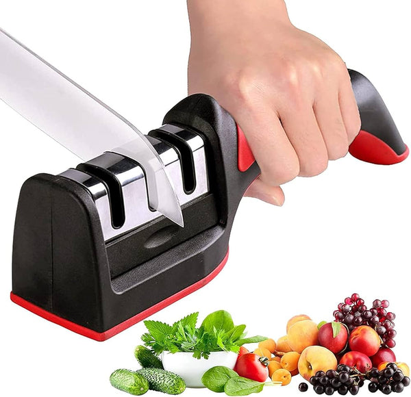 Knife Sharpeners for Kitchen Knives and Scissors– Tungsten Steel 4 in1 Kitchen Knife Sharpener – Ergonomic and Easy to Use Knife and Scissors Sharpening Kit with 4 Stage Sharpening Slots Black Red