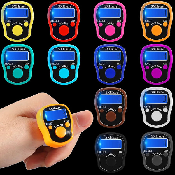 12 Pack LED Tally Counter Clicker LCD Digital Electronic Tasbeeh Counter Finger Hand Crochet Stitch Counter with Ring Handheld Resettable Digits Display for Muslims Tracker Golf Lap Knitting Counting