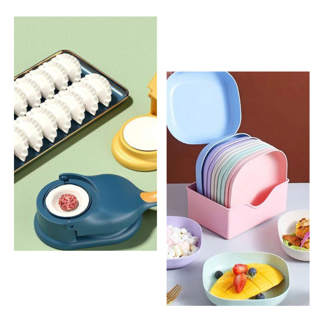 10pcs Multi-function Spit Bone Plate Set | 10 PCs Plate with 2 in 1 Dumpling Maker - Best Samosa Maker &amp; Household Food Grade Plastic Elliptical Plate For Kitchen - Random Color