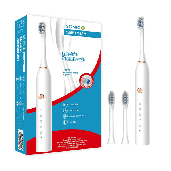 Sonic Electric Toothbrush for Adults, with 2 Replacement Brush Tip,Soft Dupont Nylon Bristles,Switchable 5 Vibration Modes,USB Rechargable,30 Days Long Standby