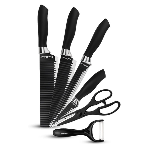EVERIERH 6 Pieces Black Knife Set, Stainless Steel and Non-Stick Blades, Including Peeler and Scissor, Kitchen Cutlery Knives Set, Cooking Utensil Sets, Daily Use with Gift Box
